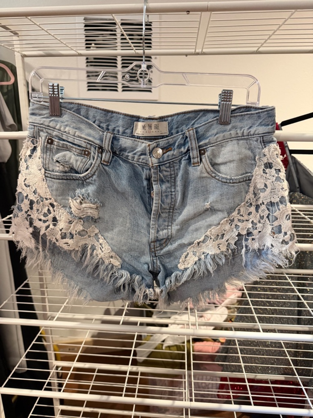 We The Free Washed Light Blue Denim Lace-Trim Cutoff Shorts
